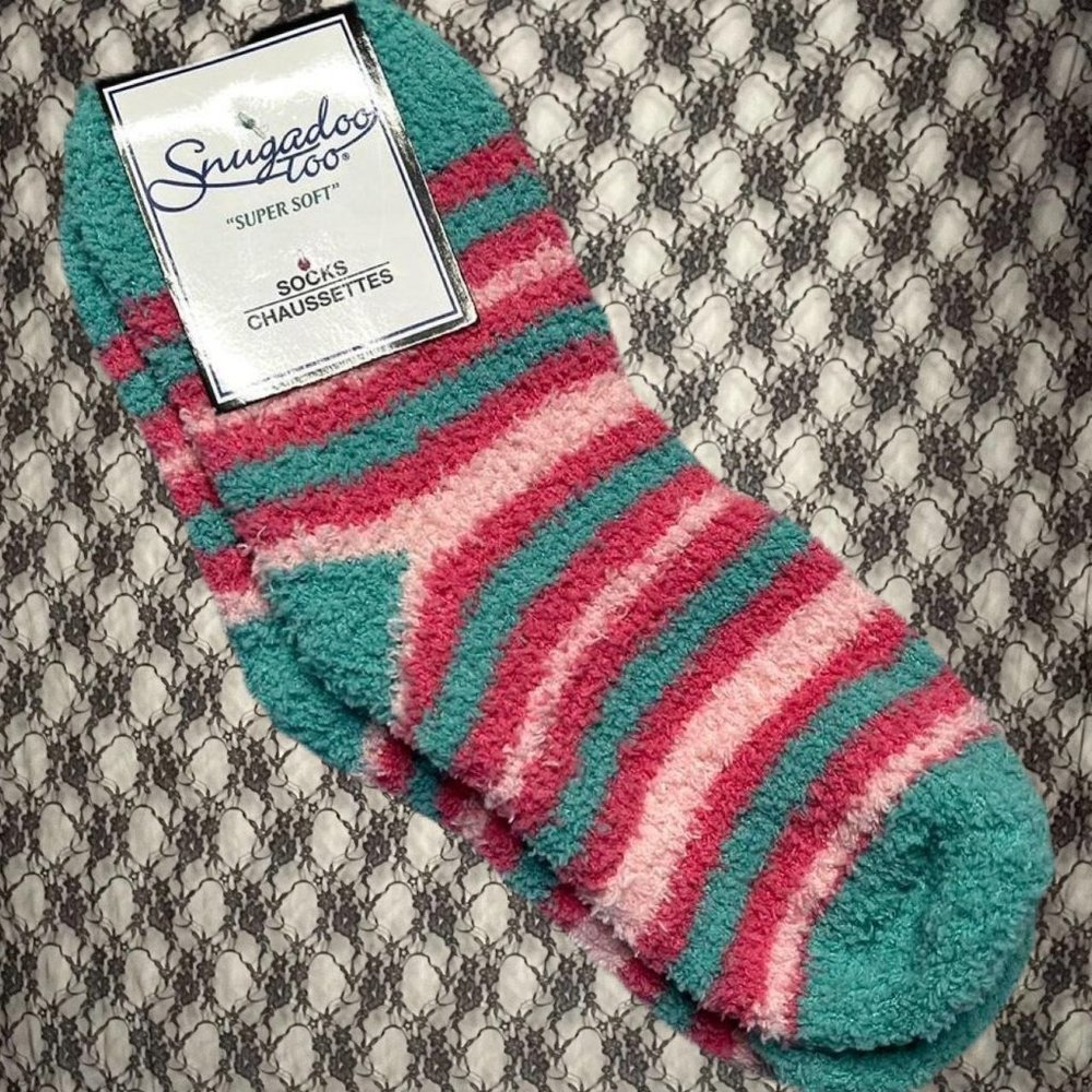 fuzzy striped ankle socks pink and teal